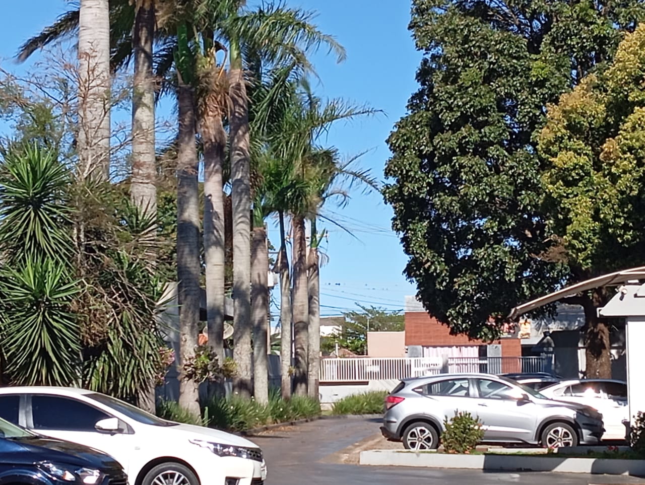 Fotografia da fachada principal da escola com os alunos reunidos na entrada.